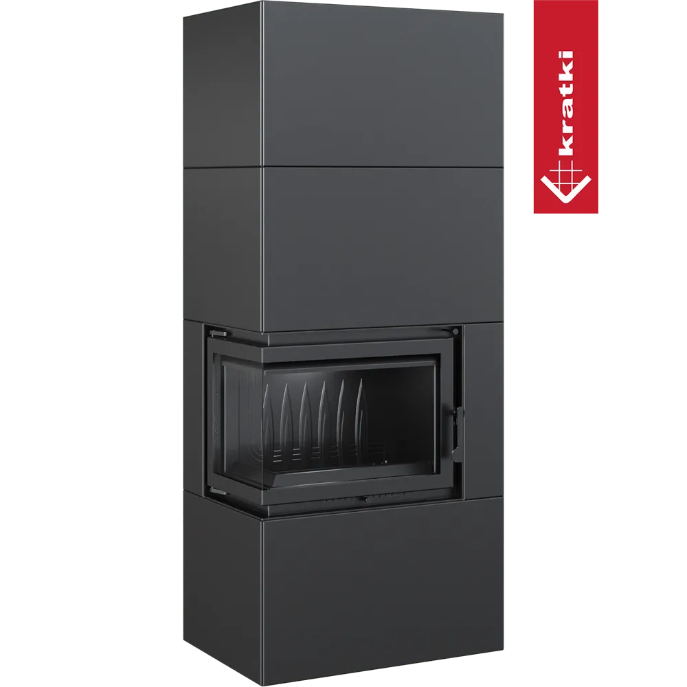 Kratki Simple Box Links, moderne zwarte haard met glazen deur en strak design.