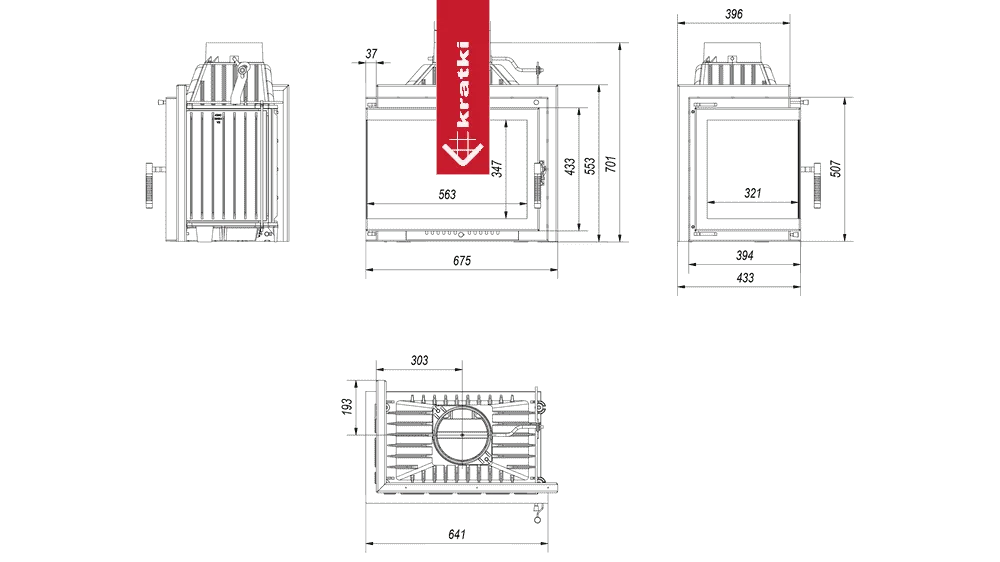 Technische tekening van Kratki Simple M 10 kW Links met gedetailleerde afmetingen en specificaties.