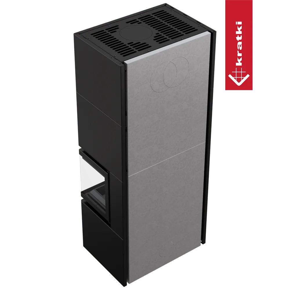 Kratki Simple Box Rechts, moderne zwarte haard met glazen zijpaneel en grijze voorkant.