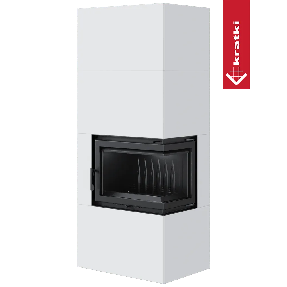 Kratki Simple Box Rechts, moderne witte haard met glazen deur aan de rechterkant.