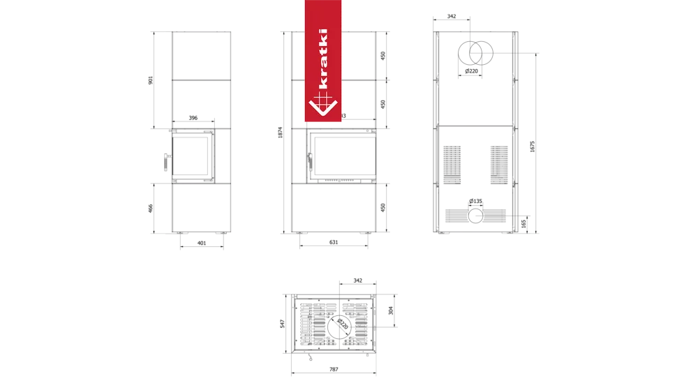 Technische tekening van Kratki Simple Box Rechts met afmetingen en doorsneden.