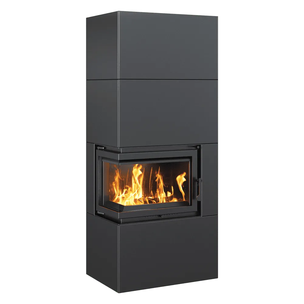 Moderne, zwarte Kratki Simple Box Links haard met glazen deur en zichtbare vlammen.