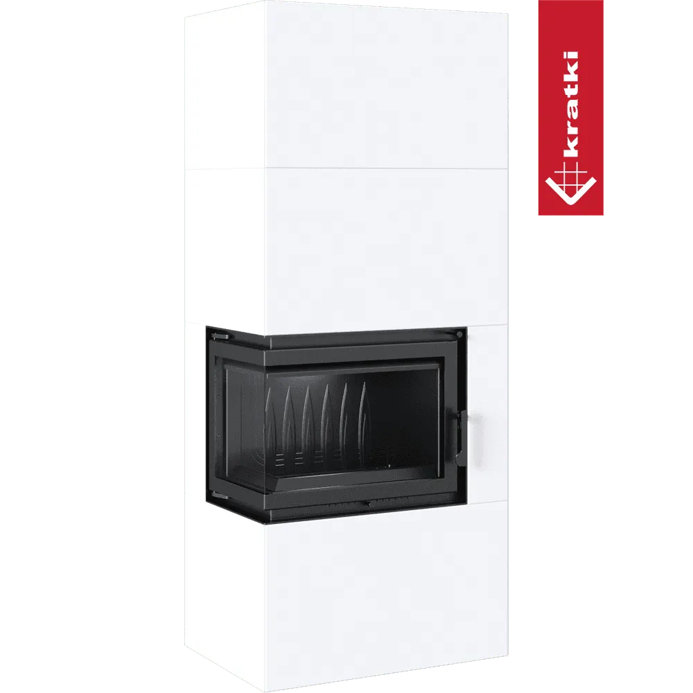 Witte, moderne Kratki Simple Box Links haard met zwart glazen deur en strak design.