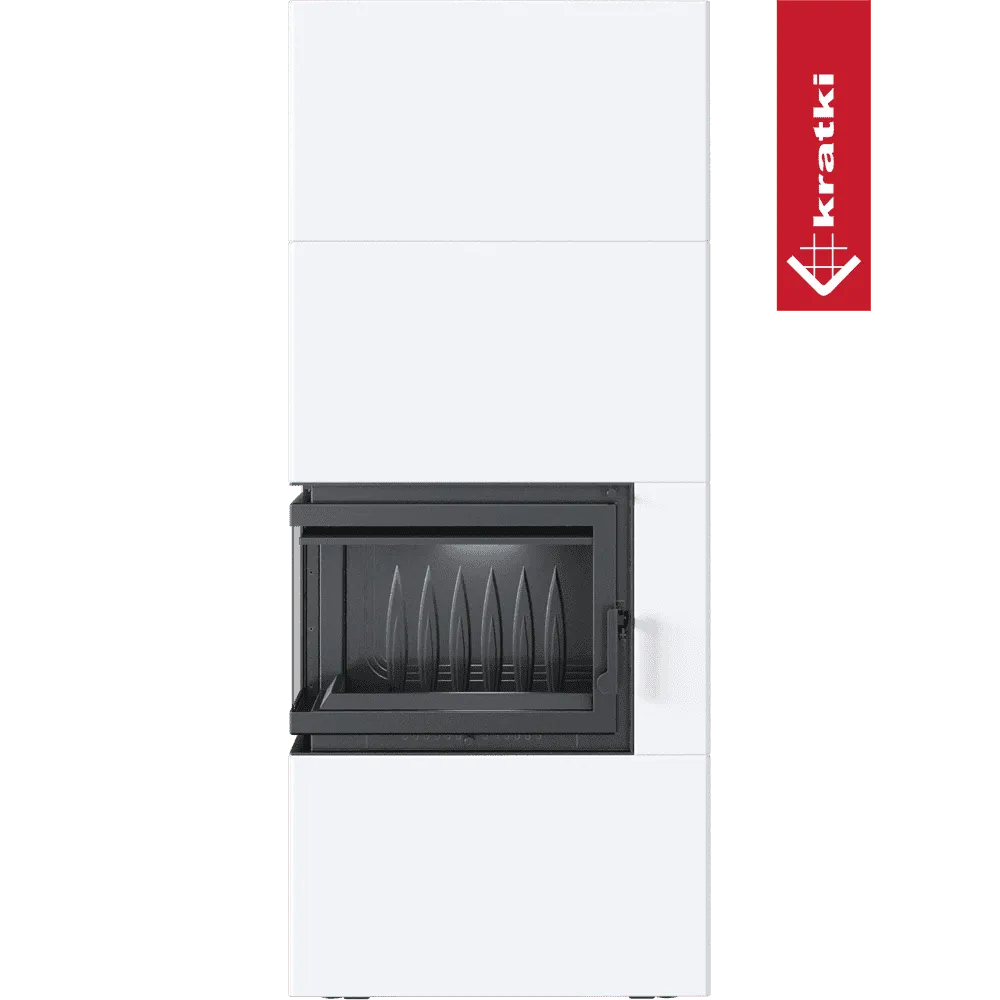 Kratki Simple Box Links, moderne witte haard met zwart glazen deur en Kratki-logo.