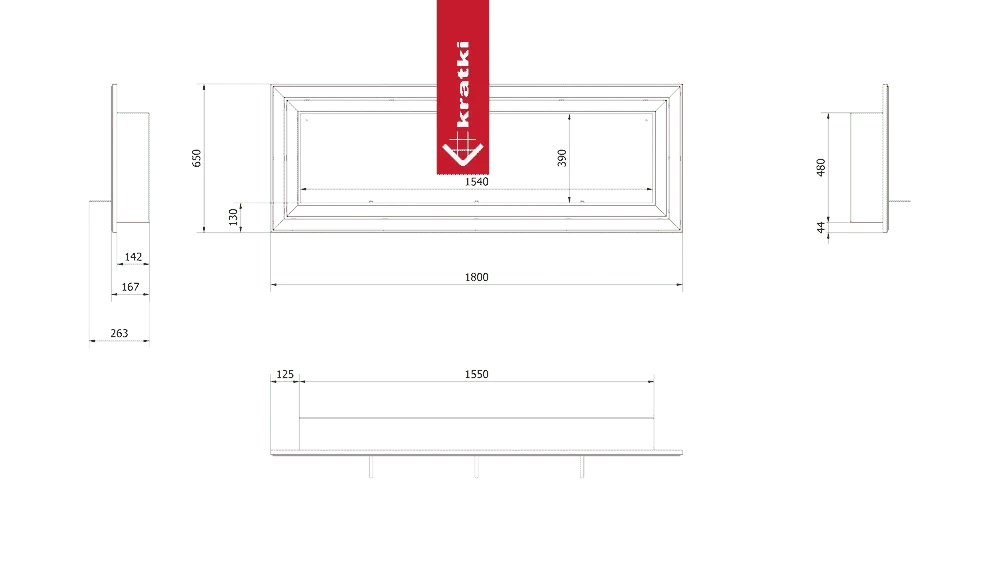 Technische tekening van Kratki Juliet TÜV met gedetailleerde afmetingen en zijaanzichten.