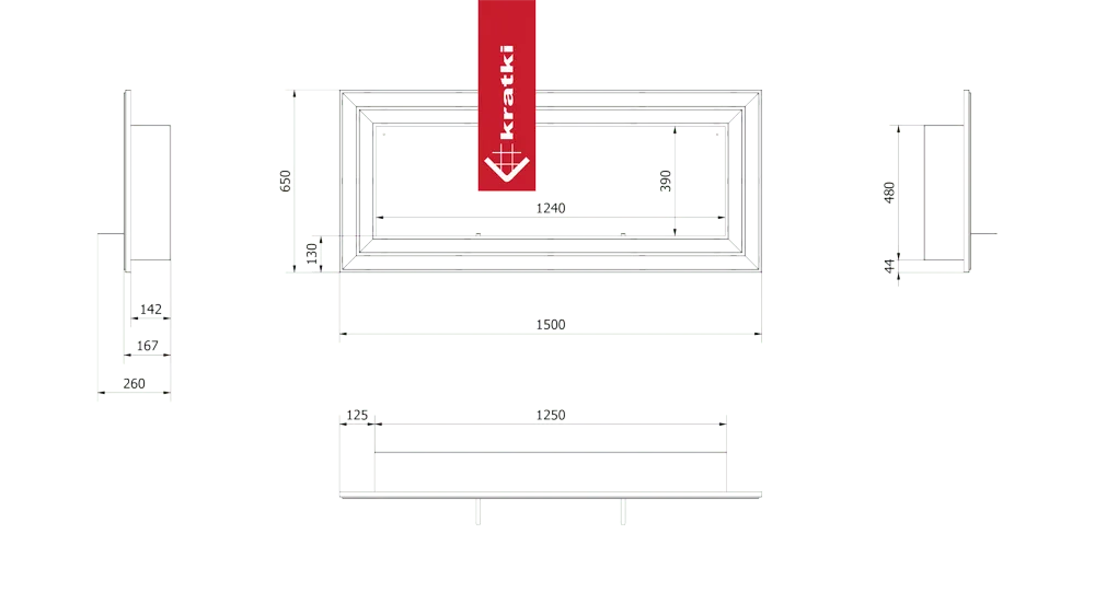 Technische tekening met afmetingen van de Kratki Juliet TÜV haard.