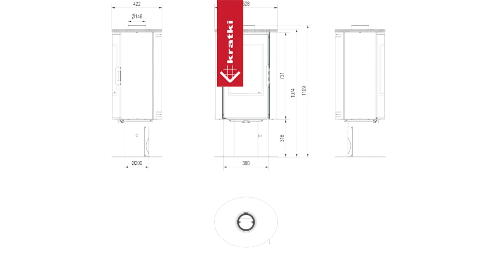 Technische tekening van Kratki AB DR haard met afmetingen en doorsneden.