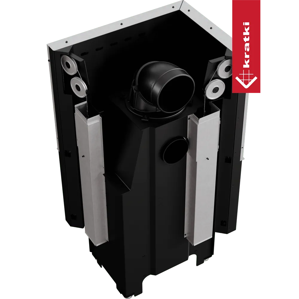 Kratki VNL 610/430, zwarte metalen haard met zilveren accenten en Kratki-logo.