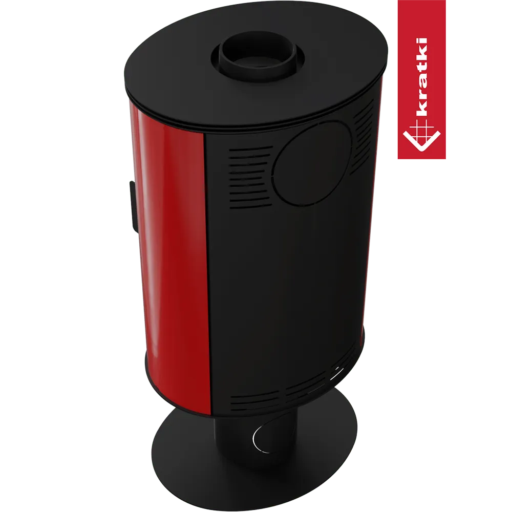 Ronde, moderne Kratki AB DR kachel met zwart en rood design op een zwarte voet.