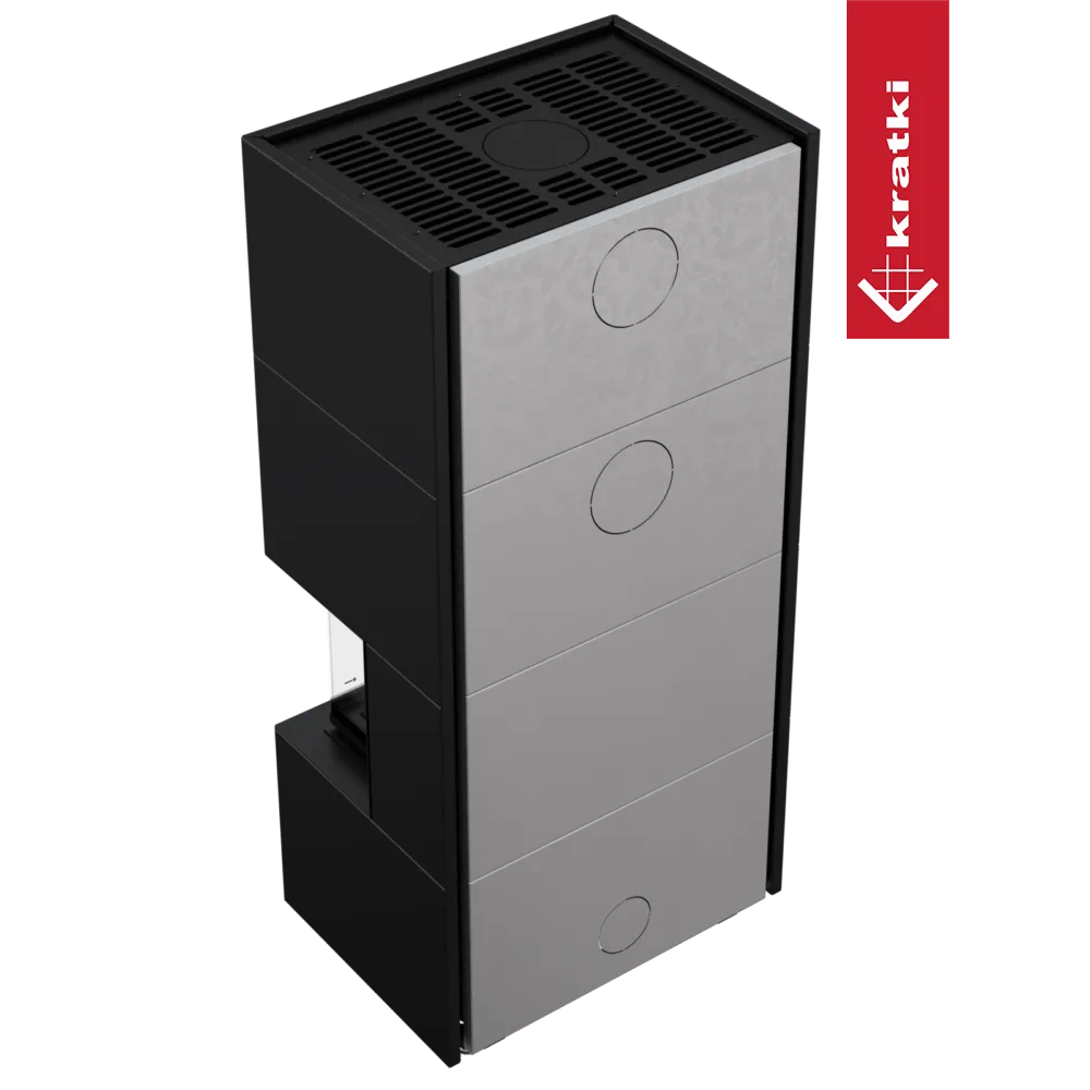 Kratki Heb, moderne zwarte en zilveren kachel met ventilatierooster bovenop en Kratki-logo.