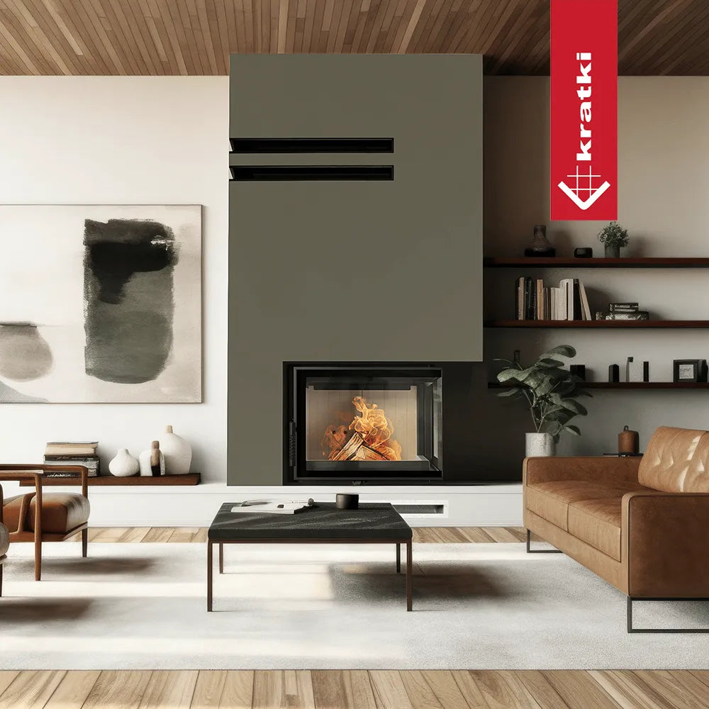 Moderne woonkamer met Kratki Floki S 8 kW Rechts haard, leren bank en houten plafond.