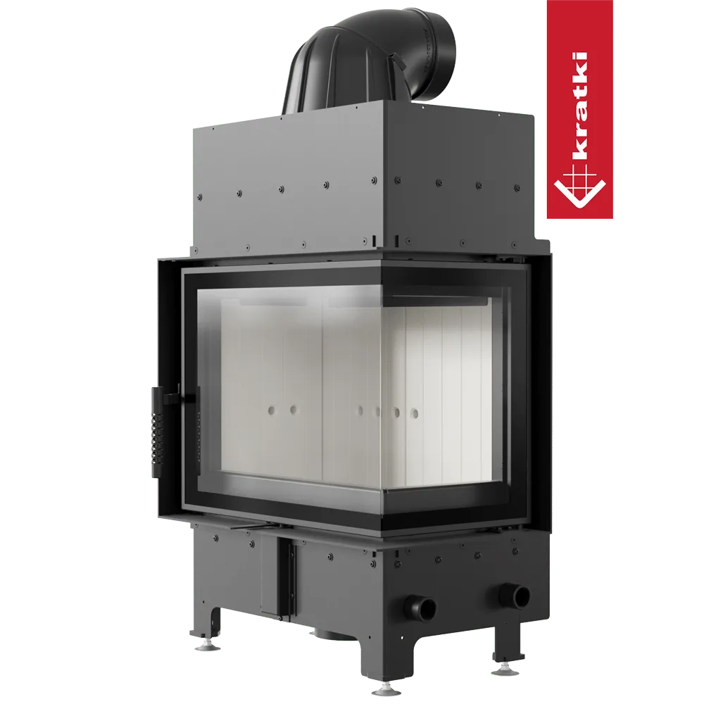 Kratki Floki S 8 kW Rechts, moderne hoekhaard met glazen deur en robuuste metalen constructie.