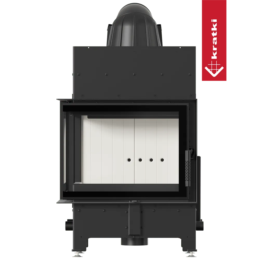Kratki Floki S 8 kW Links, moderne zwarte houtkachel met glazen deur en witte binnenkant.