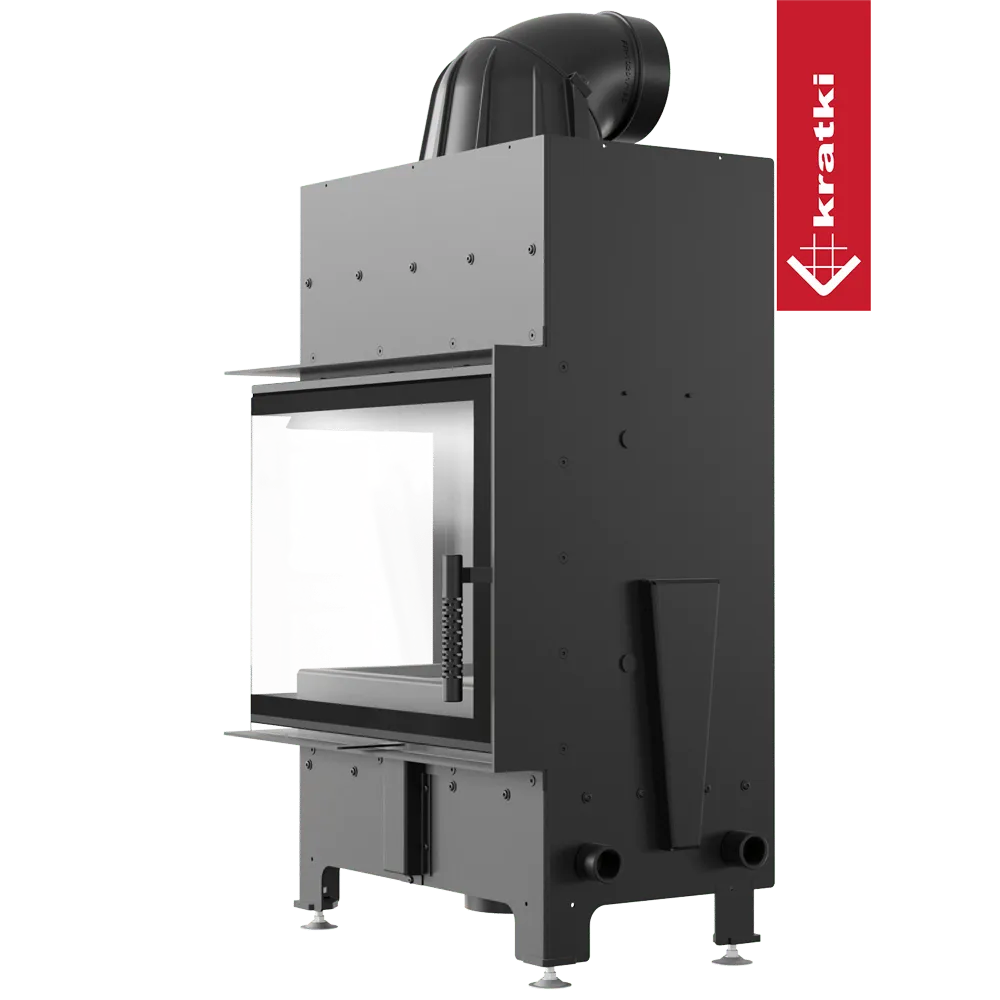 Kratki Floki S 8 kW Links, moderne zwarte houtkachel met glazen deur en metalen afwerking.