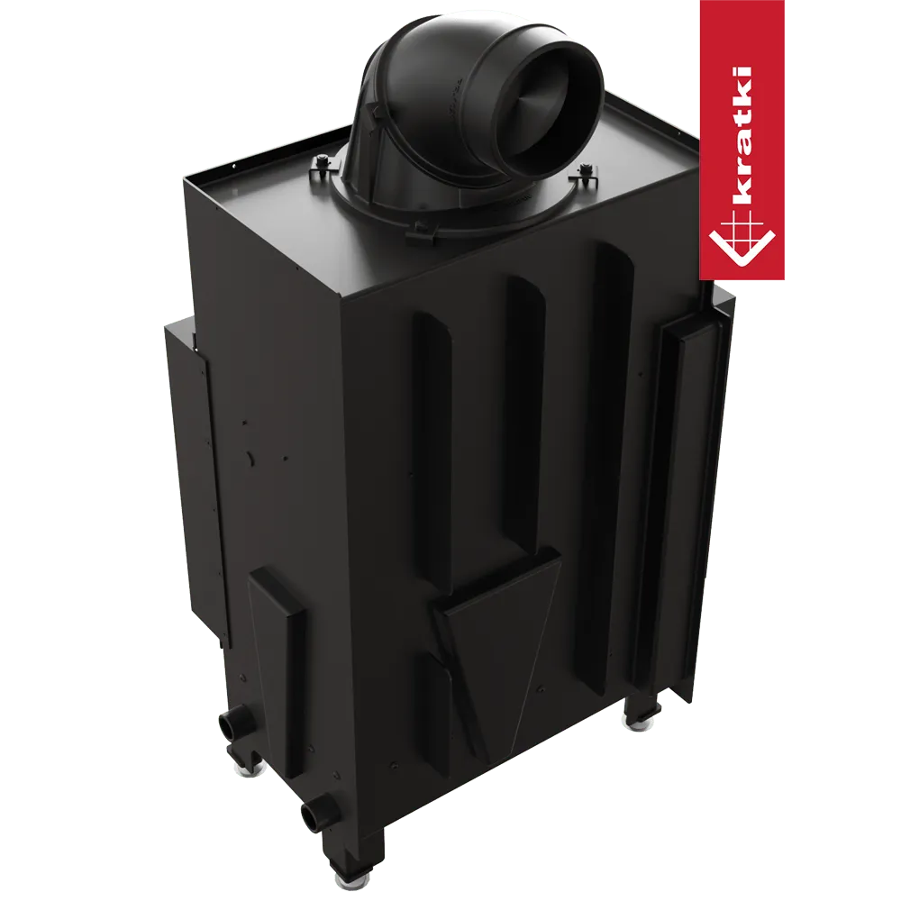 Zwarte Kratki Floki S 8 kW Links houtkachel met bovenafvoer en modern ontwerp.