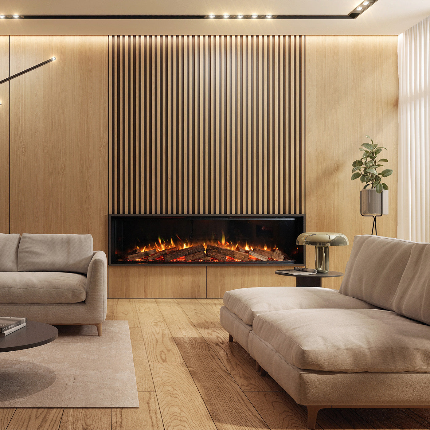 Moderne woonkamer met de Element4 Elite 180 E Supreme haard, houten wand en beige meubels.