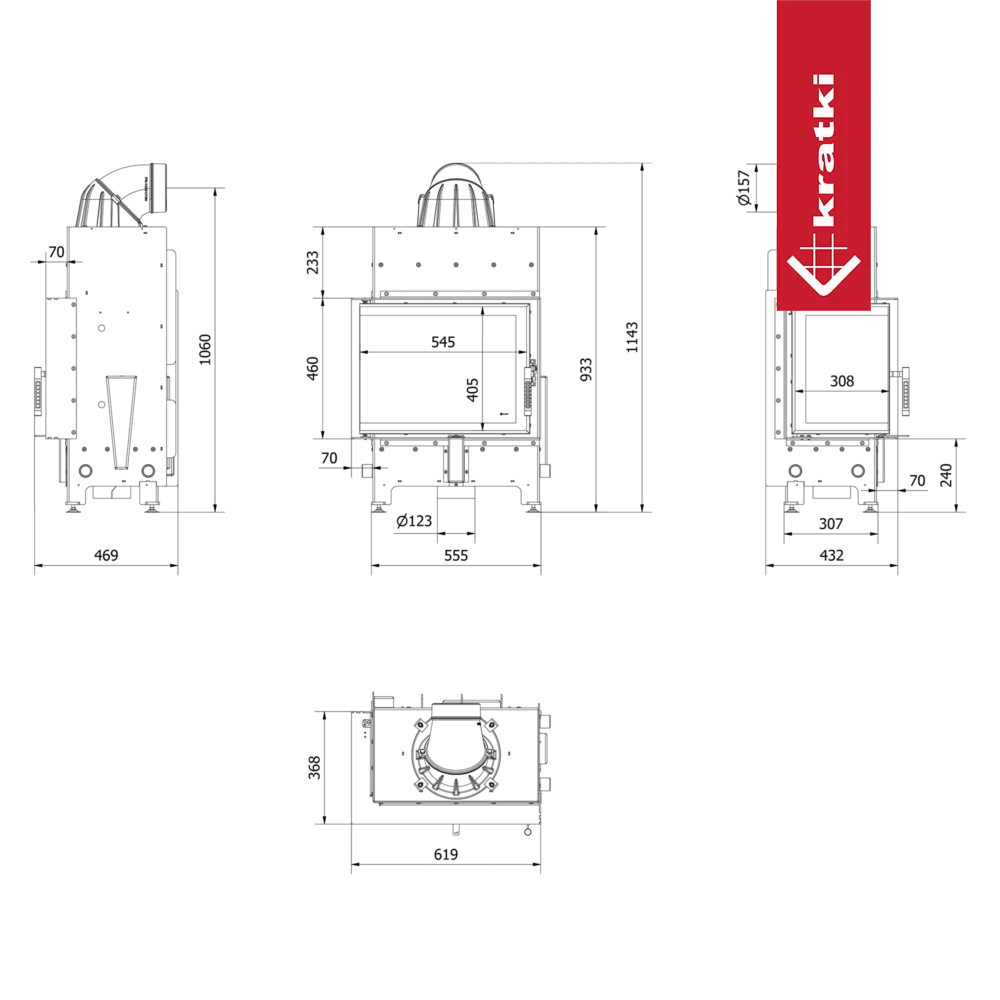 Technische tekening van Kratki Floki S 8 kW Links met afmetingen en logo.