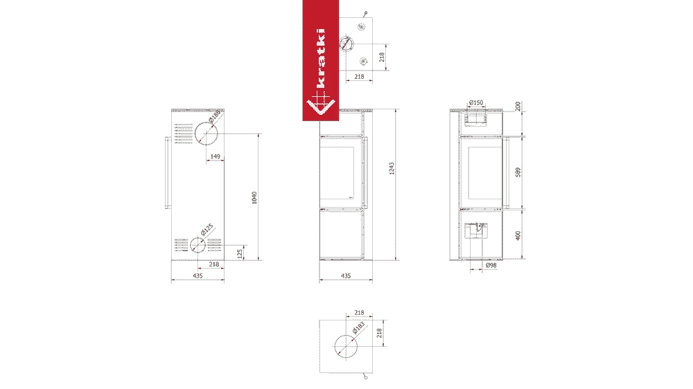 Technische tekening van Kratki Tora S houtkachel met gedetailleerde afmetingen en specificaties.