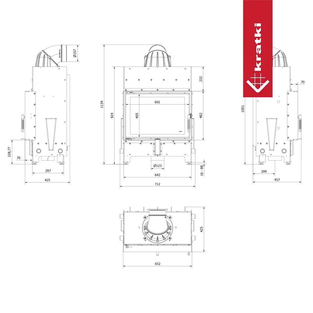 Kratki Floki S 8 kW houtkachel met modern ontwerp en glazen deur.