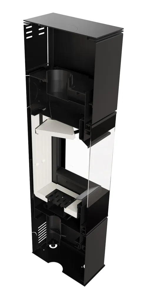 Zwarte Kratki Ren P haard met glazen deur en wit interieur.