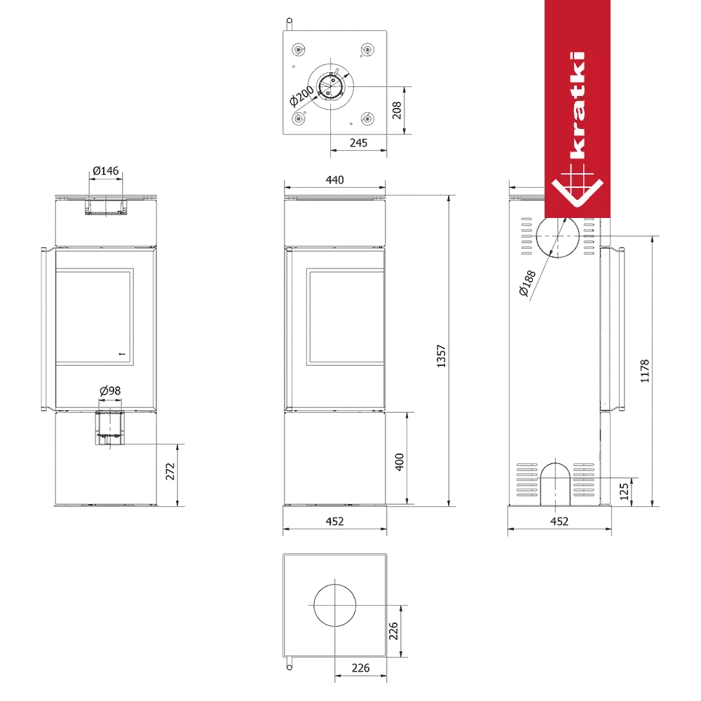 Technische tekening van Kratki Ren P houtkachel met afmetingen en aansluitpunten.