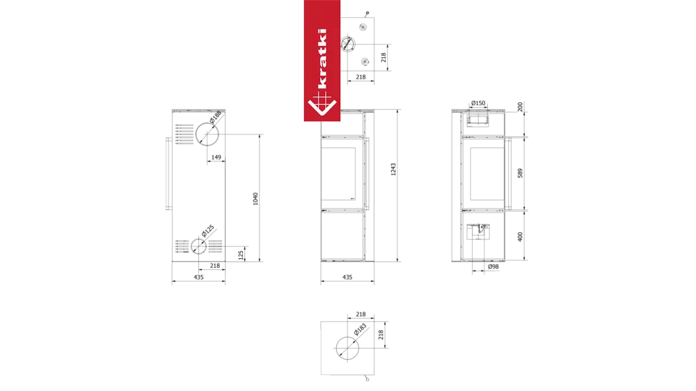 Technische tekening van Kratki Tora S houtkachel met gedetailleerde afmetingen en aansluitpunten.