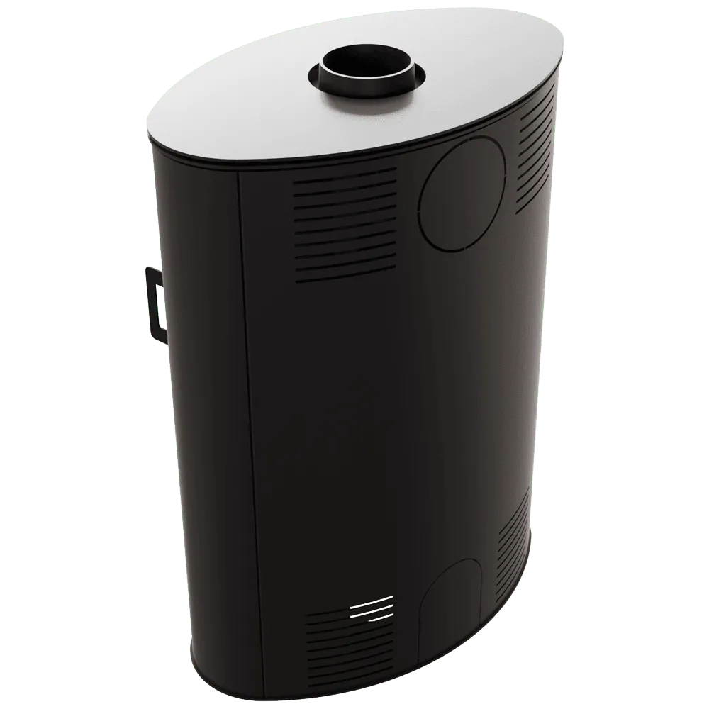 Zwarte, ovale Kratki AB 2 kachel met bovenste rookafvoer en ventilatieopeningen.