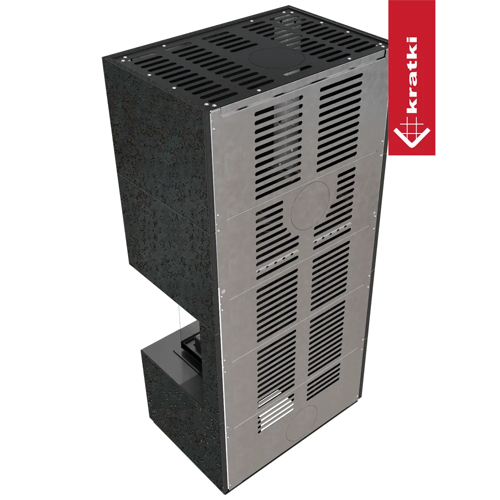 Kratki Floki S 8 kW Rechts, moderne zwarte houtkachel met ventilatierooster en rechthoekig ontwerp.