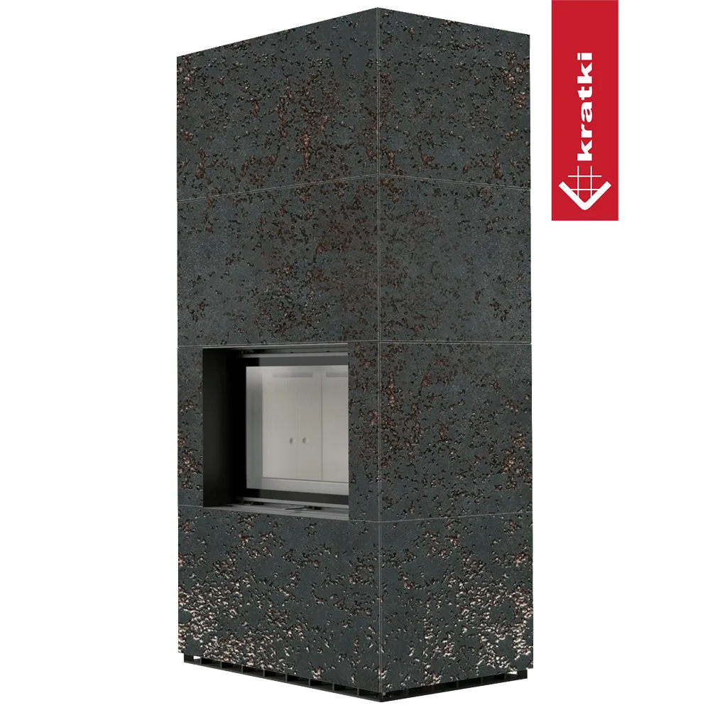 Kratki Floki S 8 kW, moderne zwarte haard met roestige textuur en glazen deur.