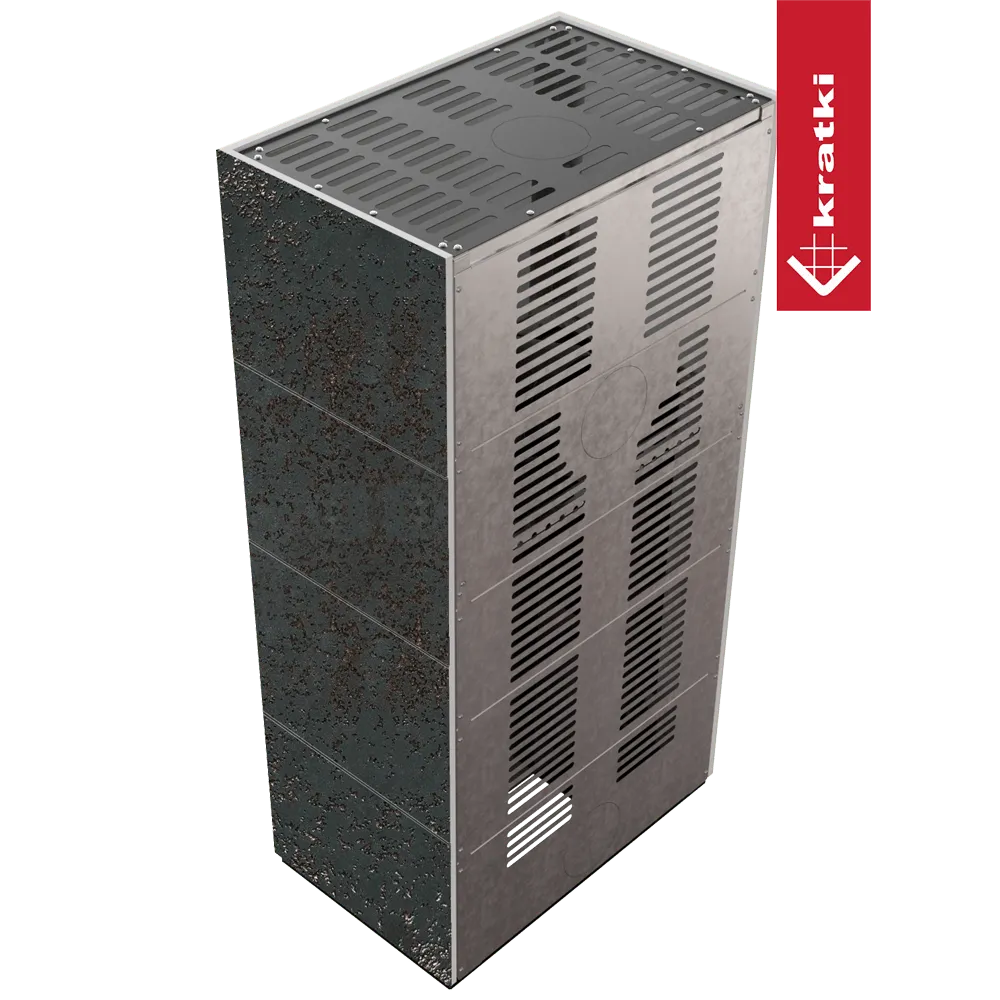 Kratki Floki S 8 kW, rechthoekige metalen kachel met ventilatieopeningen en roestige afwerking.