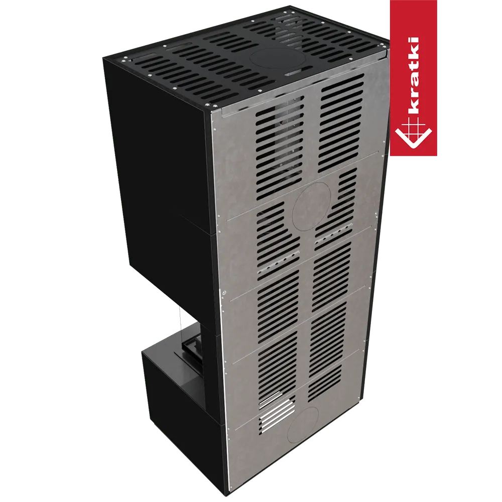 Kratki Floki S 8 kW Rechts, moderne zwarte kachel met ventilatierooster en grijze metalen afwerking.