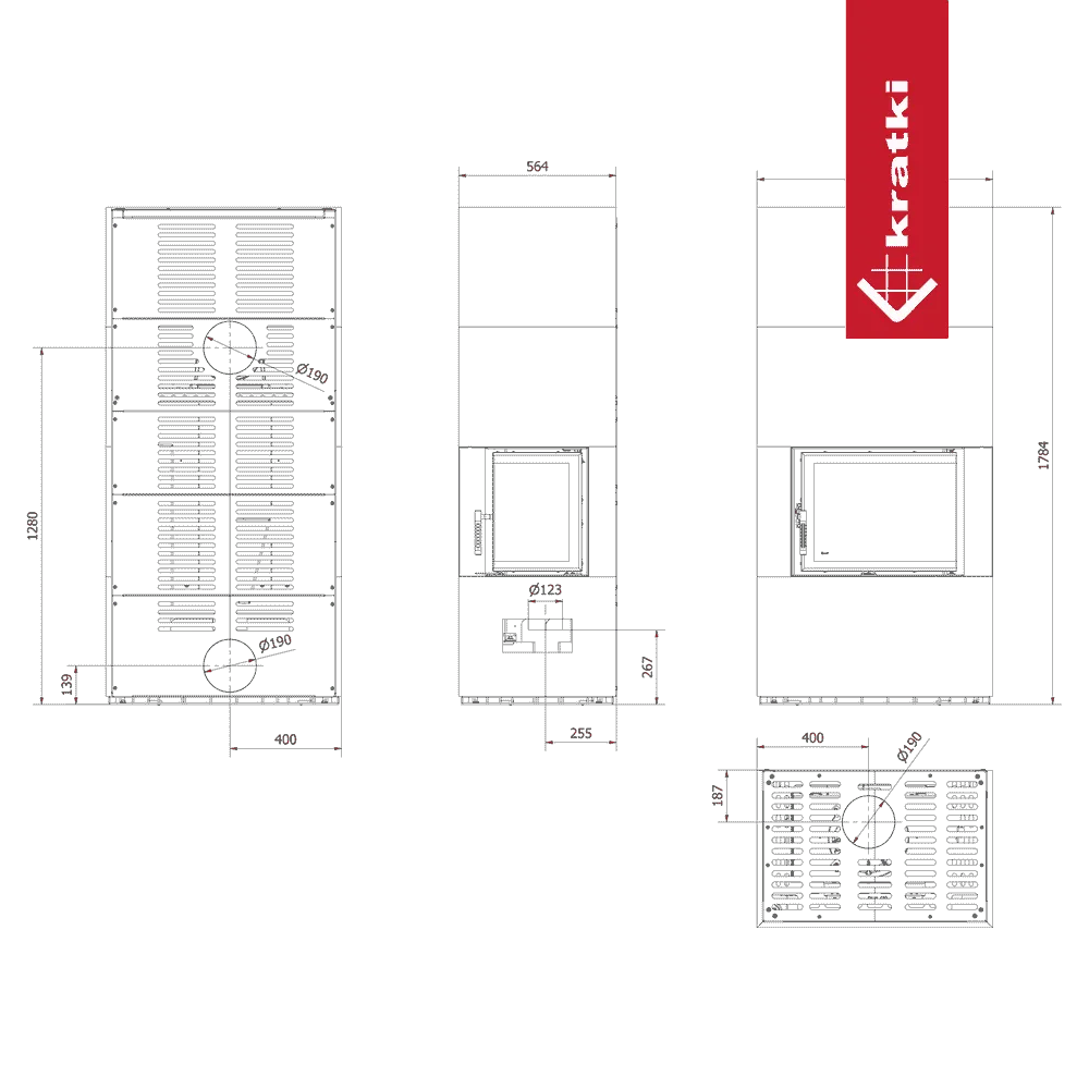 Technische tekening van Kratki Floki S 8 kW Rechts met afmetingen en specificaties.