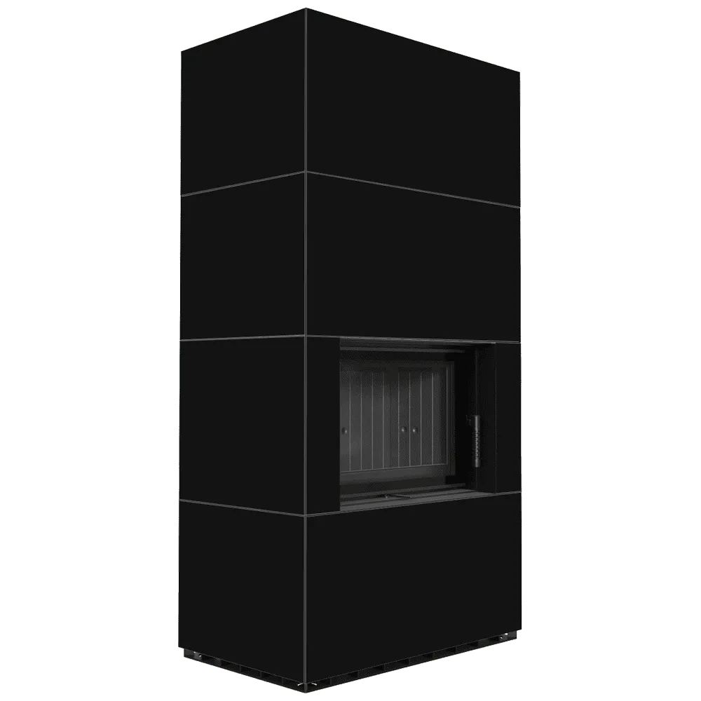Zwarte, moderne Kratki Floki S 8 kW houtkachel met strakke lijnen en glazen deur.