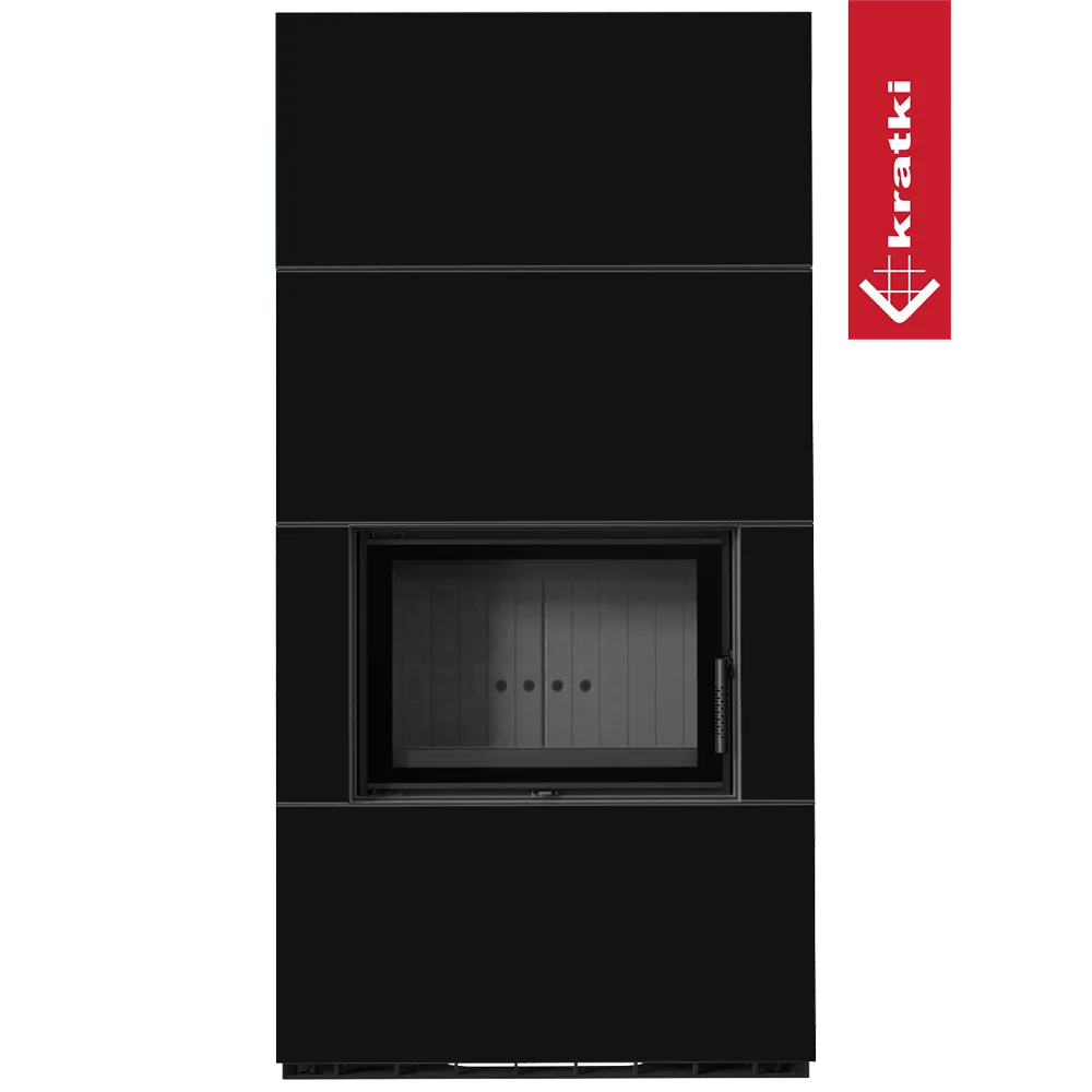 Kratki Floki S 8 kW, moderne zwarte houtkachel met strak design en glazen deur.