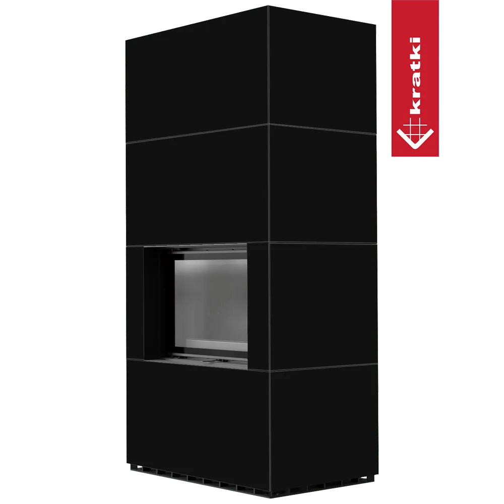 Zwarte, moderne Kratki Floki S 8 kW houtkachel met strakke lijnen en glazen deur.