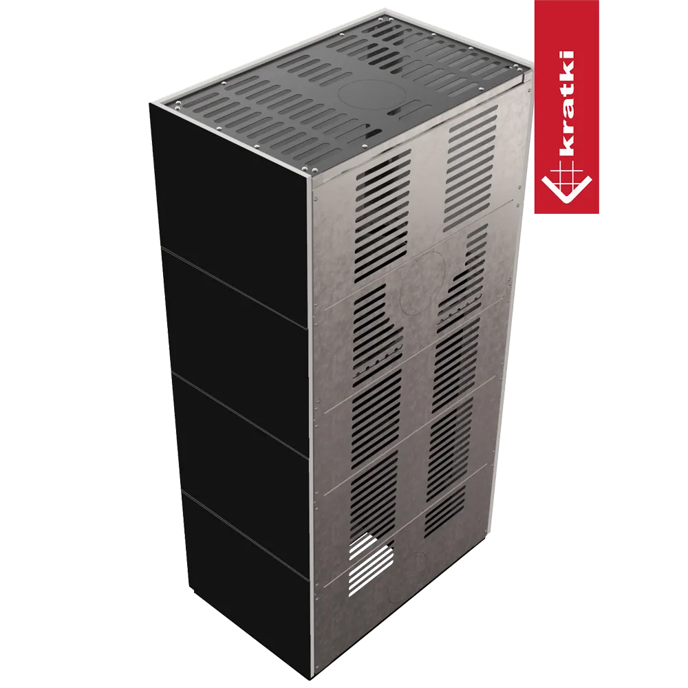 Kratki Floki S 8 kW houtkachel met modern, rechthoekig ontwerp en ventilatieroosters.