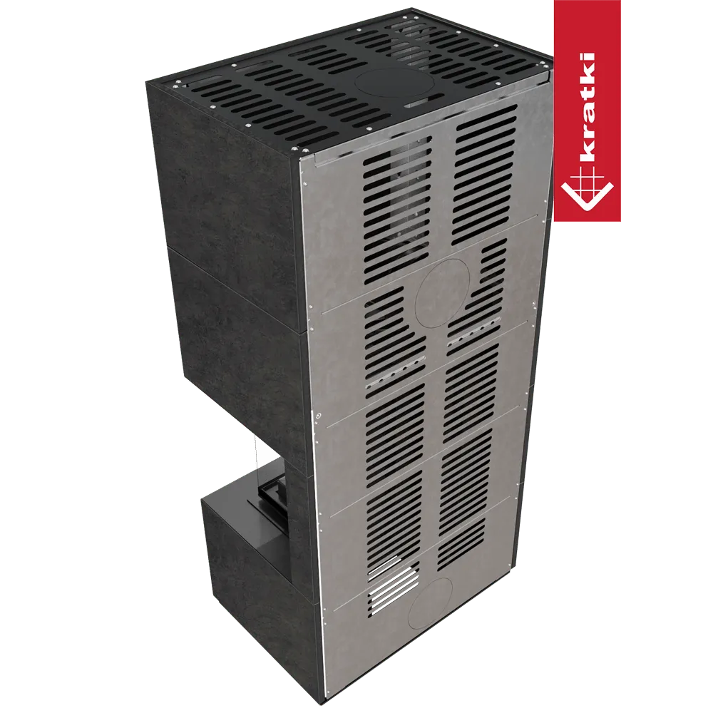 Kratki Floki S 8 kW Rechts, moderne metalen kachel met ventilatieroosters en strak ontwerp.