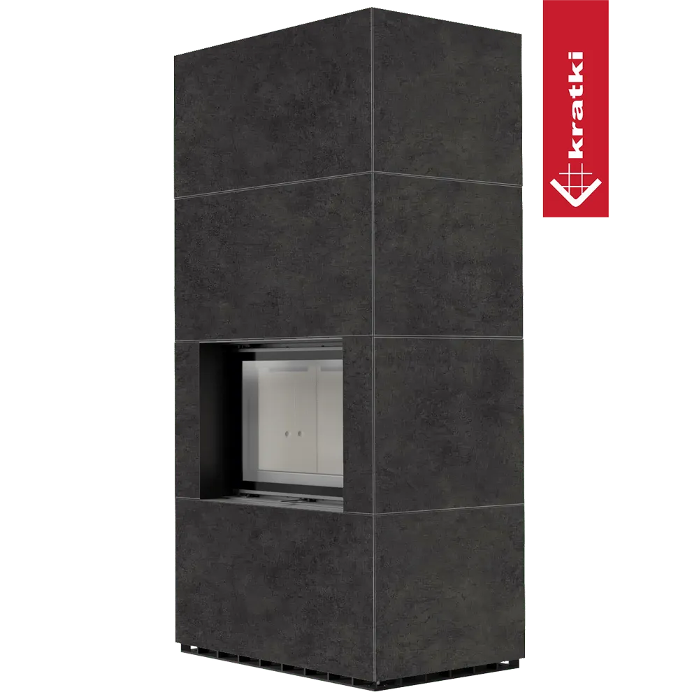 Moderne, rechthoekige Kratki Floki S 8 kW haard met strakke, donkere afwerking en glazen deur.