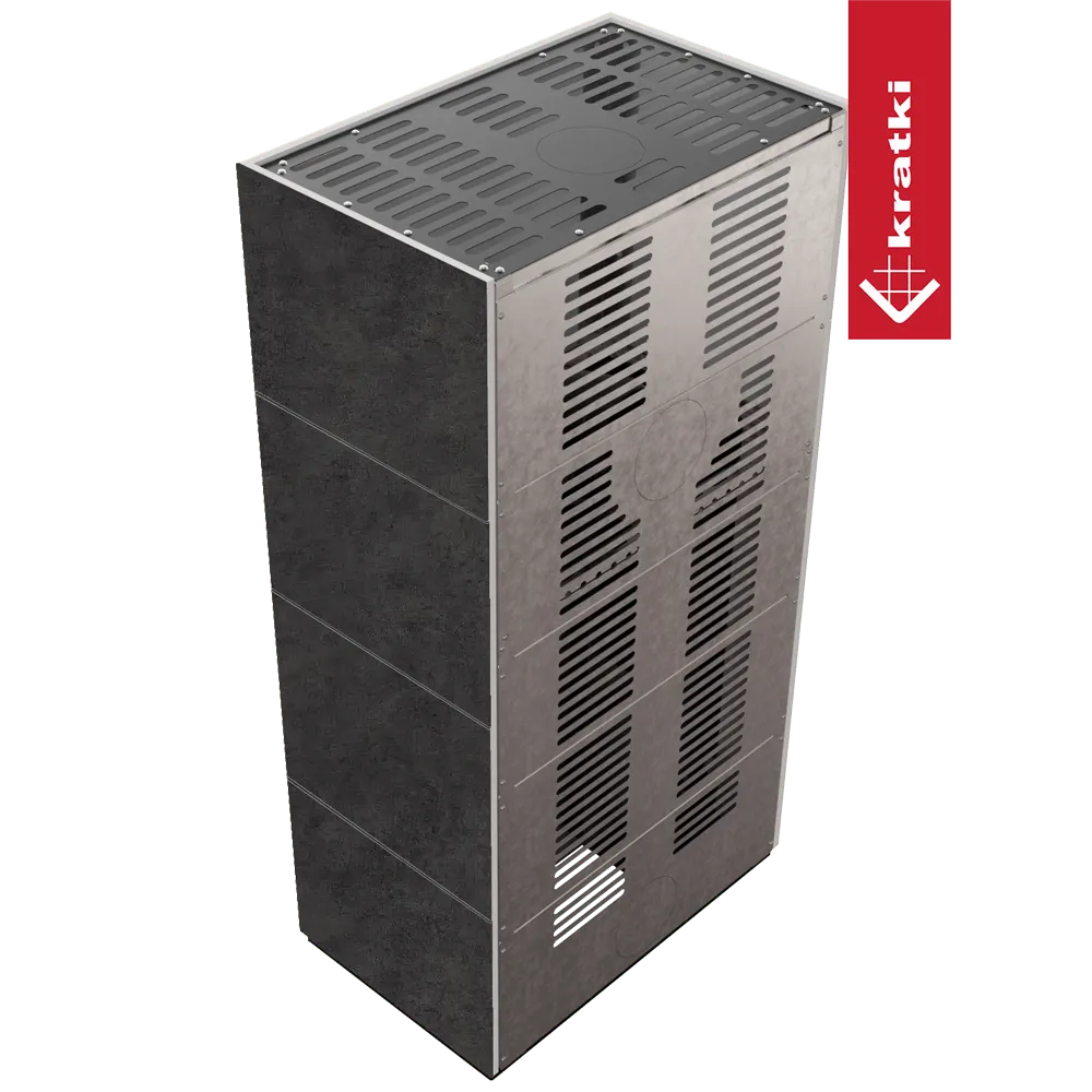 Kratki Floki S 8 kW, moderne zwarte kachel met ventilatieroosters en strak ontwerp.