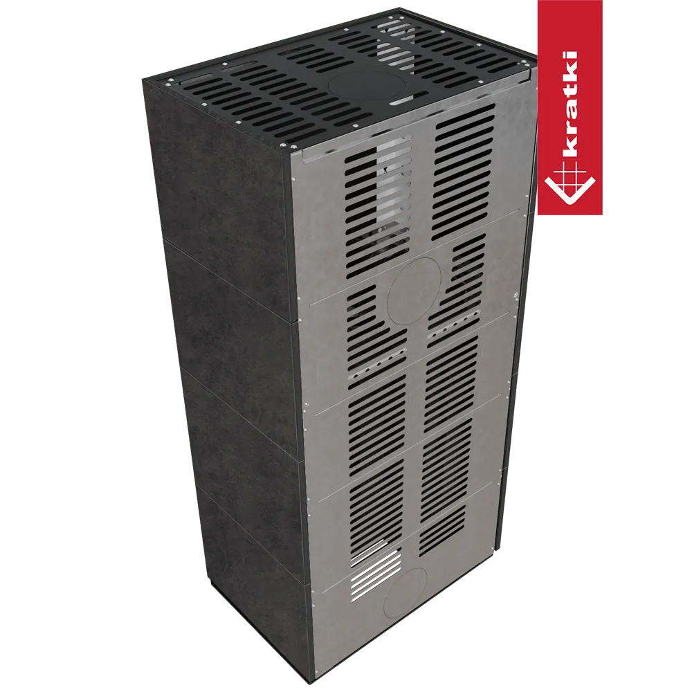 Kratki Floki S 8 kW Rechts, moderne grijze kachel met ventilatieroosters en strak design.