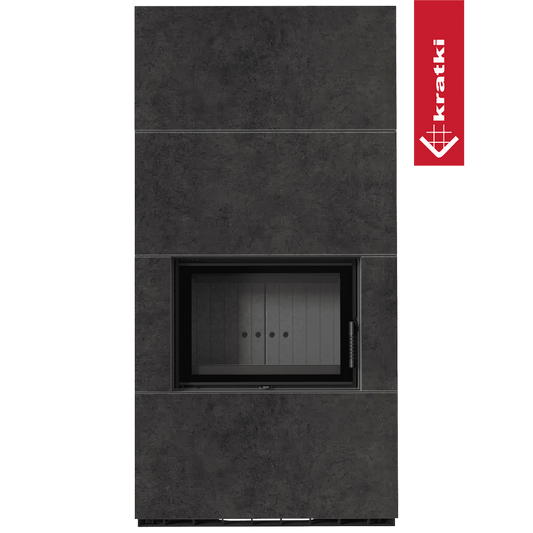 Kratki Floki Box inbouwhaard met donkere afwerking en glazen deur