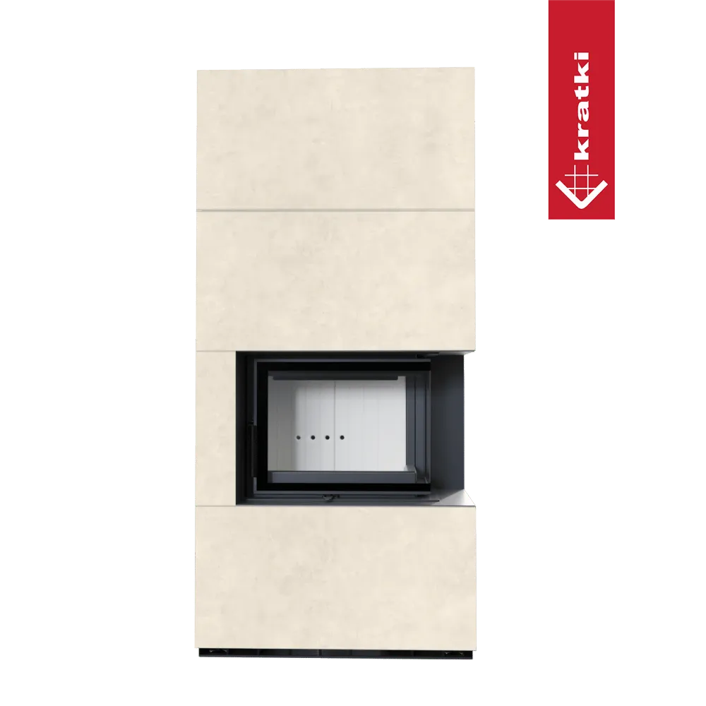 Kratki Floki S 8 kW Rechts, moderne haard met beige omkasting en zwart glazen deur.