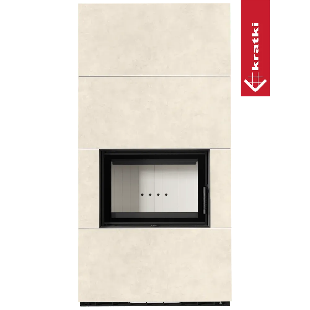 Kratki Floki S 8 kW, moderne beige haard met zwart frame en glazen deur.