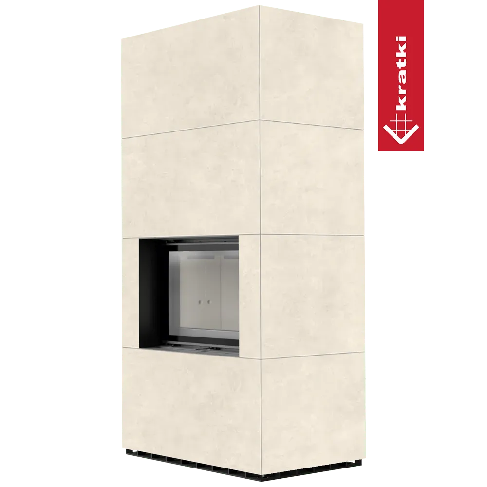 Kratki Floki S 8 kW, moderne beige haard met strakke lijnen en glazen deur.