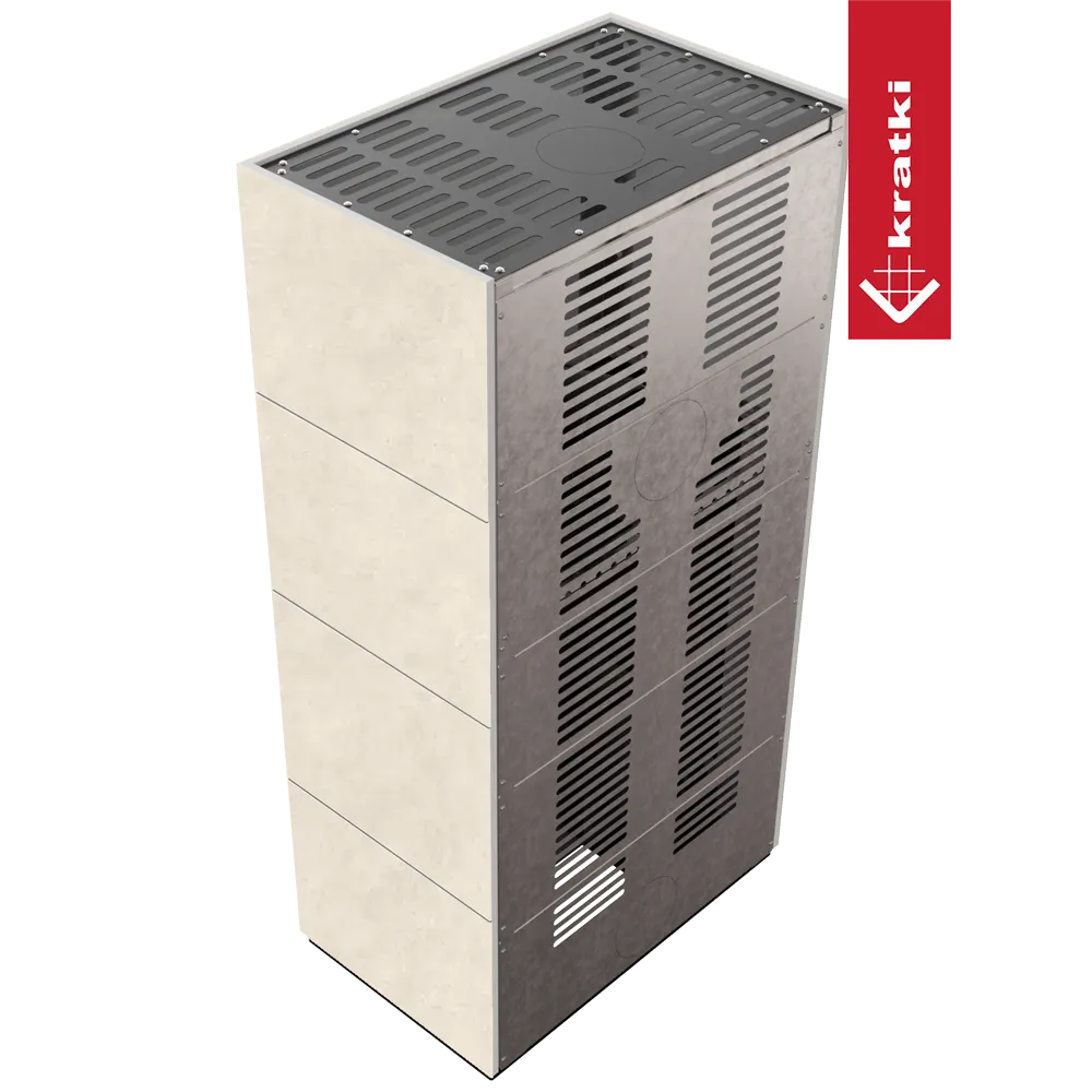 Kratki Floki S 8 kW, moderne vrijstaande kachel met metalen en beige panelen.