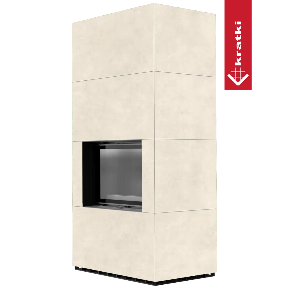 Kratki Floki S 8 kW, moderne beige haard met strakke lijnen en glazen deur.