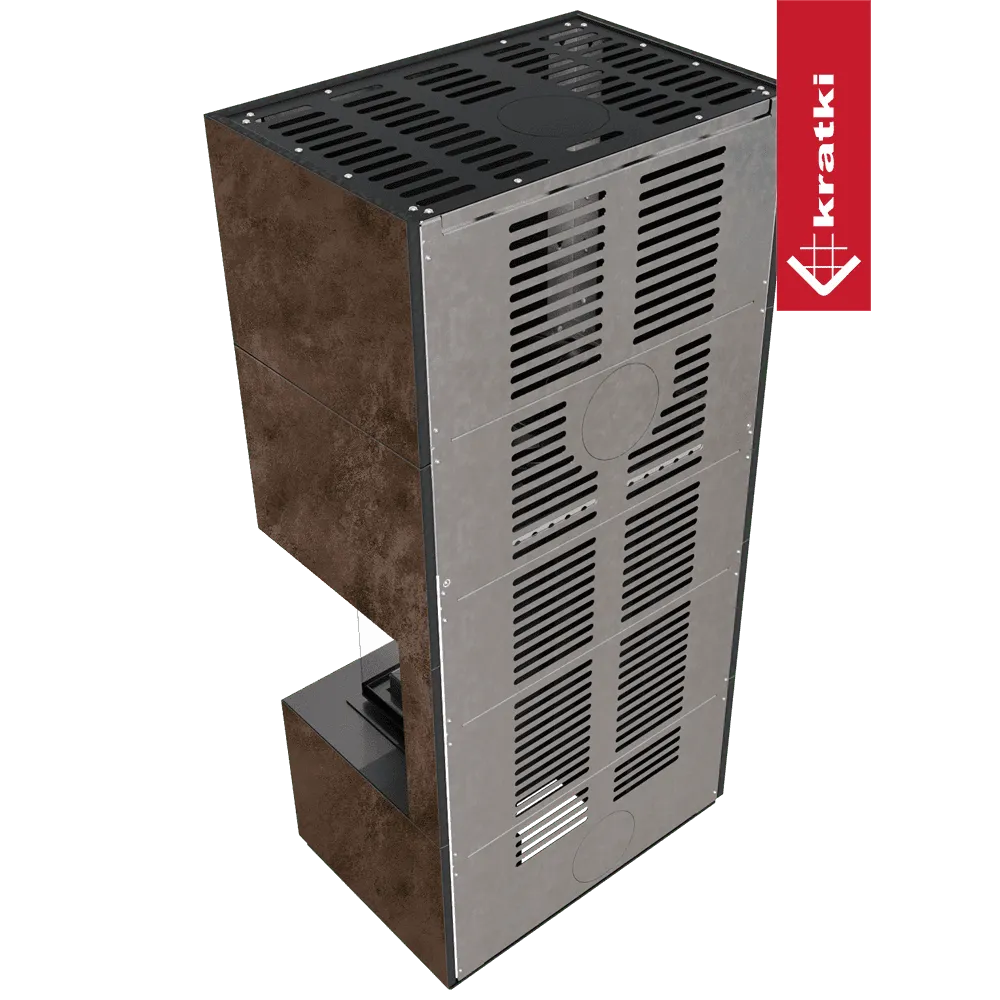Kratki Floki S 8 kW Rechts, moderne houtkachel met metalen rooster en roestbruin zijpaneel.