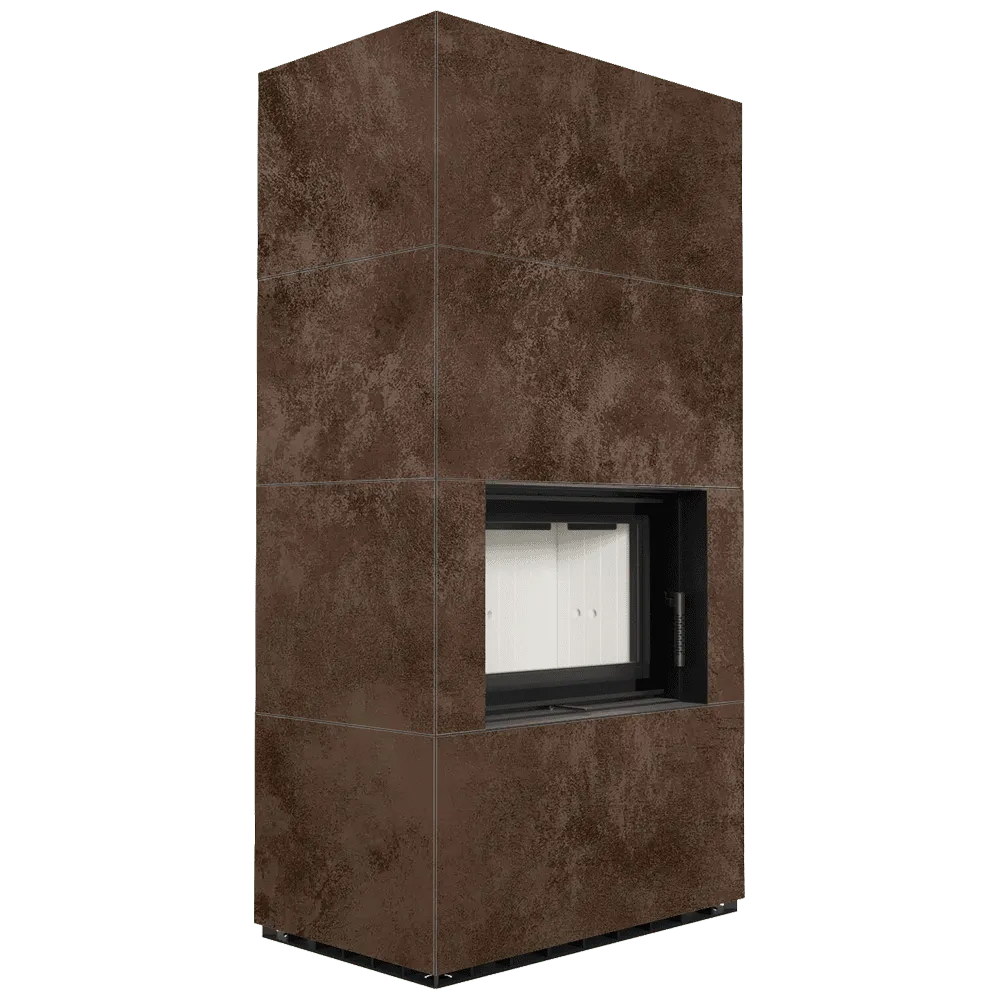 Bruine, rechthoekige Kratki Floki S 8 kW houtkachel met modern design en glazen deur.