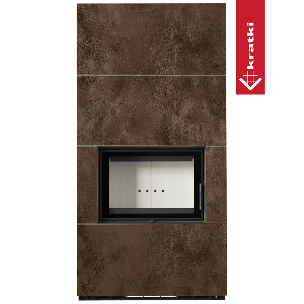 Kratki Floki S 8 kW houtkachel met een modern, rechthoekig ontwerp en roestbruine afwerking.