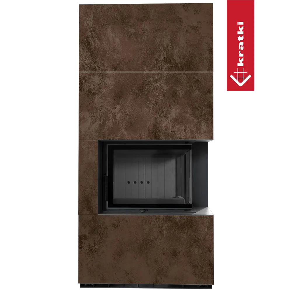 Kratki Floki S 8 kW Rechts, moderne houtkachel met roestbruin design en glazen deur rechts.
